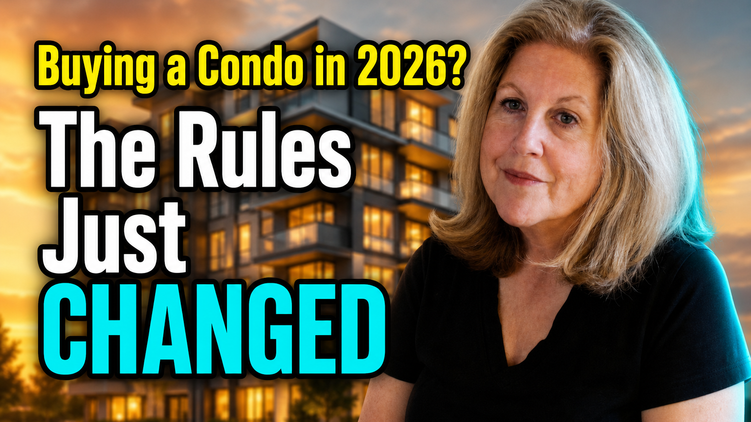 Modern condo building exterior with text about 2026 Fannie Mae and Freddie Mac condo financing rule changes