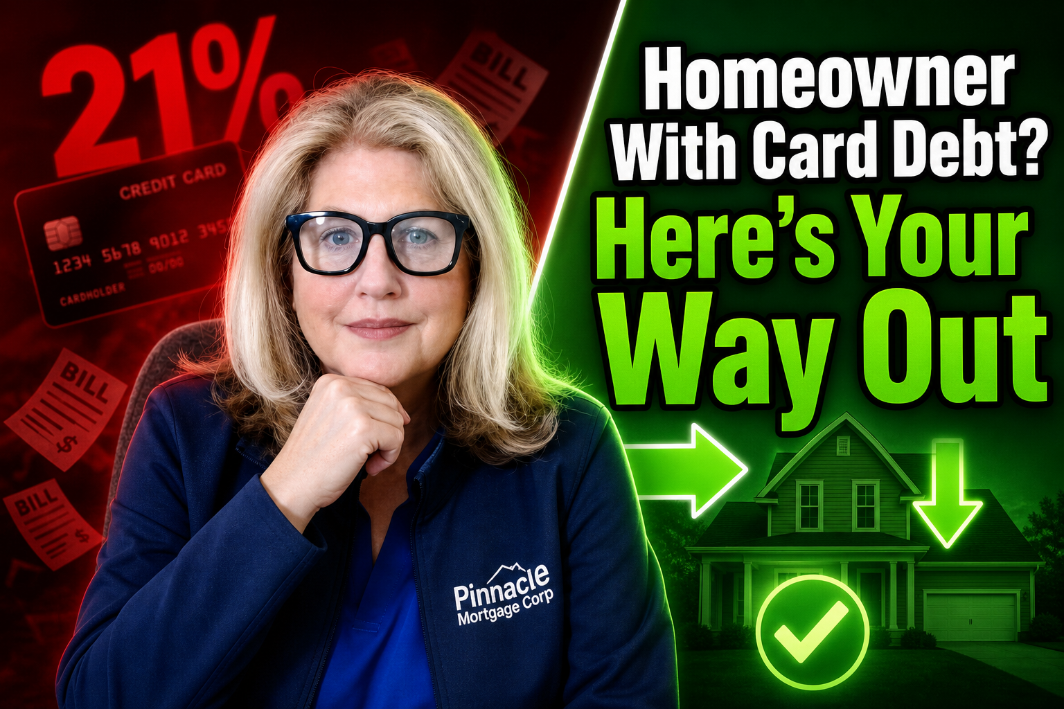 Homeowner reviewing credit card statements and home equity documents at a desk with a calculator