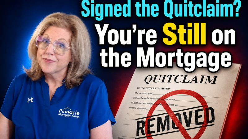 Divorce decree and mortgage documents on a table illustrating why a quitclaim deed does not remove a name from the home loan
